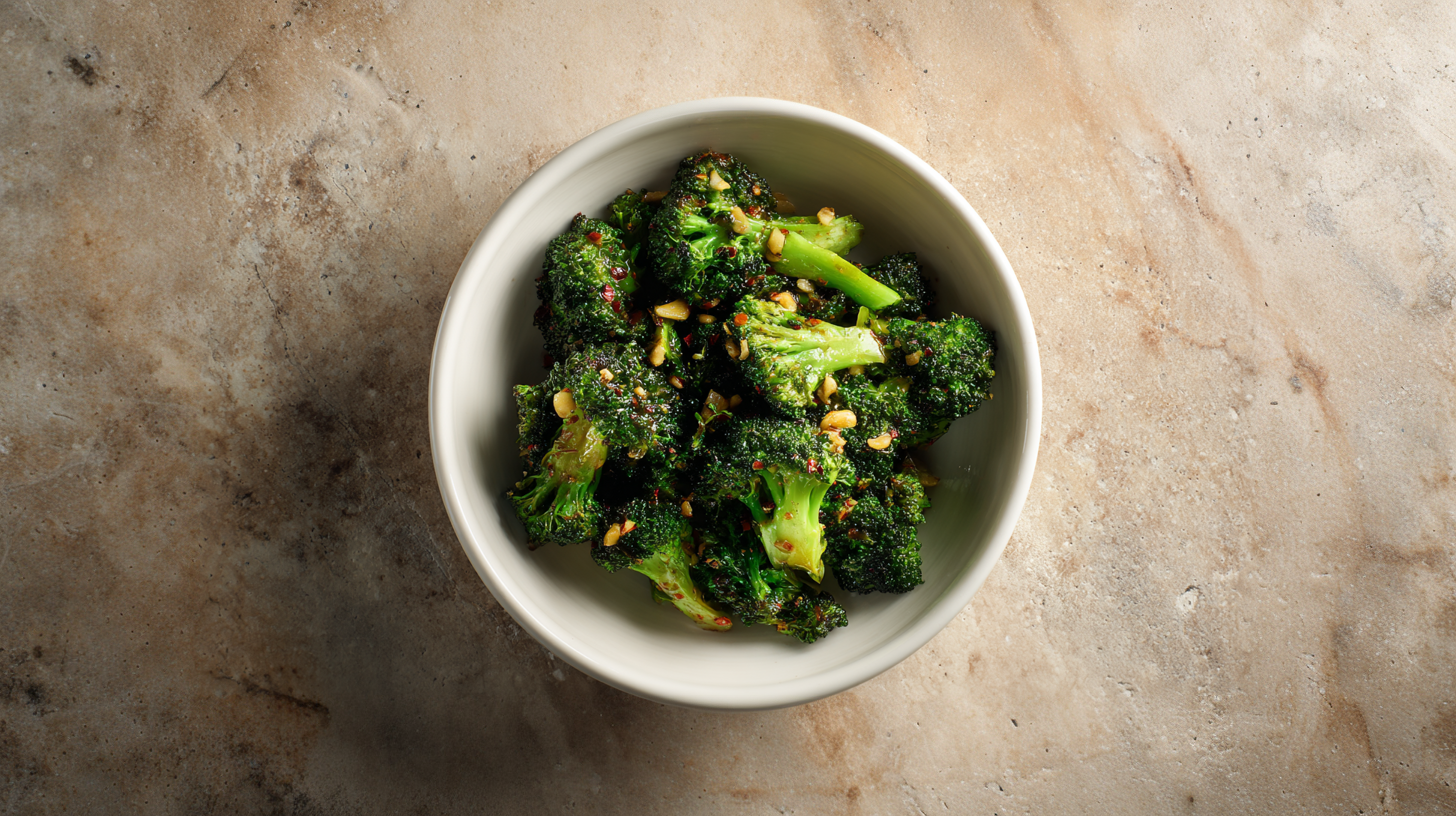 Prepared broccoli in a white ceramic bowl