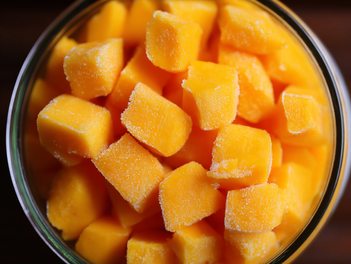 Frozen mango chunks ready for Bali cafés and villas