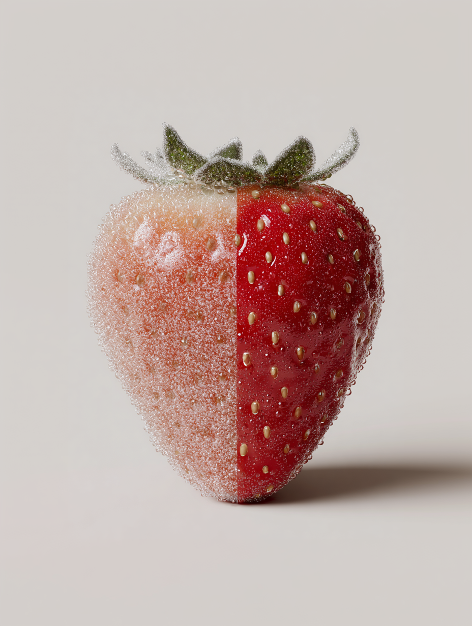 Half-frozen, half-fresh strawberry
