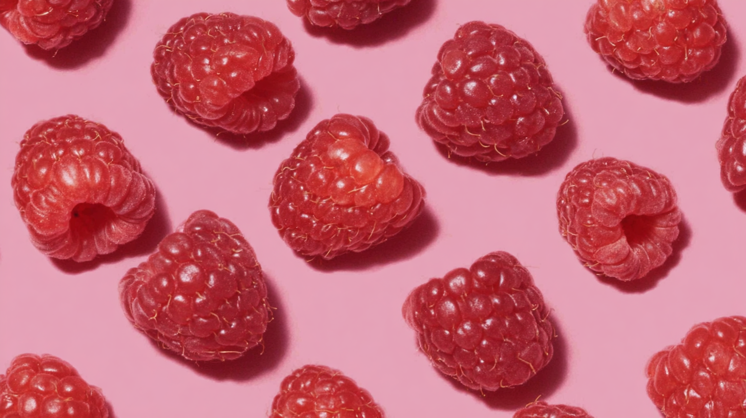 Raspberries arranged on a pink ground